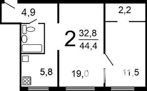 2-к квартира, на длительный срок, 44м2, 6/9 этаж